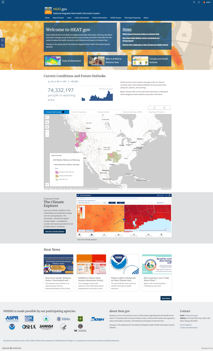 This screenshot shows the homepage of Heat.gov, a new one-stop website of information about extreme heat and health. The site was developed by the National Integrated Heat Health Information System and Esri, a private partner, to provide information and tools to improve federal, state, and local strategies to reduce the health, economic, and infrastructural impacts of extreme heat. 