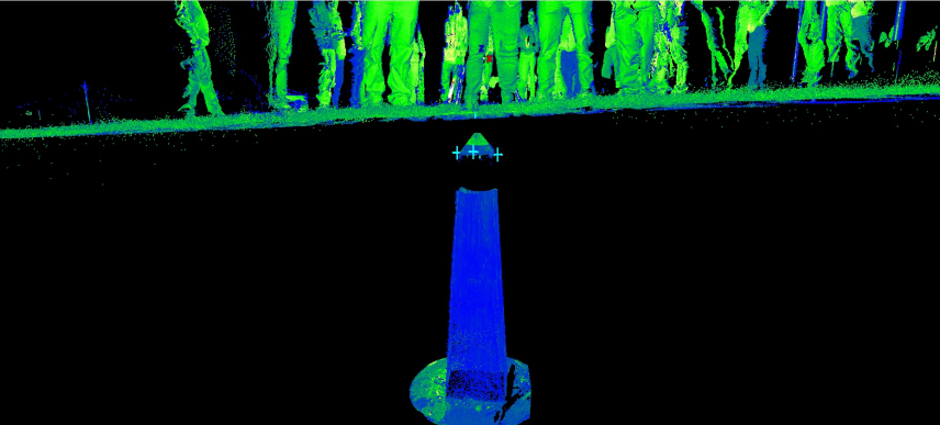 A scan of Bench Mark A, showing visitors' legs above ground and the mini monument below. The background is black, the peoples' legs are bright green, and the monument is bright blue.