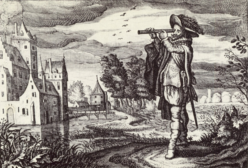 A drawing of a Dutch telescope in use in the 17th century. A nobleman stands atop a hill with the telescope to his right eye.  On the left side of the painting, there is a town of stone buildings.