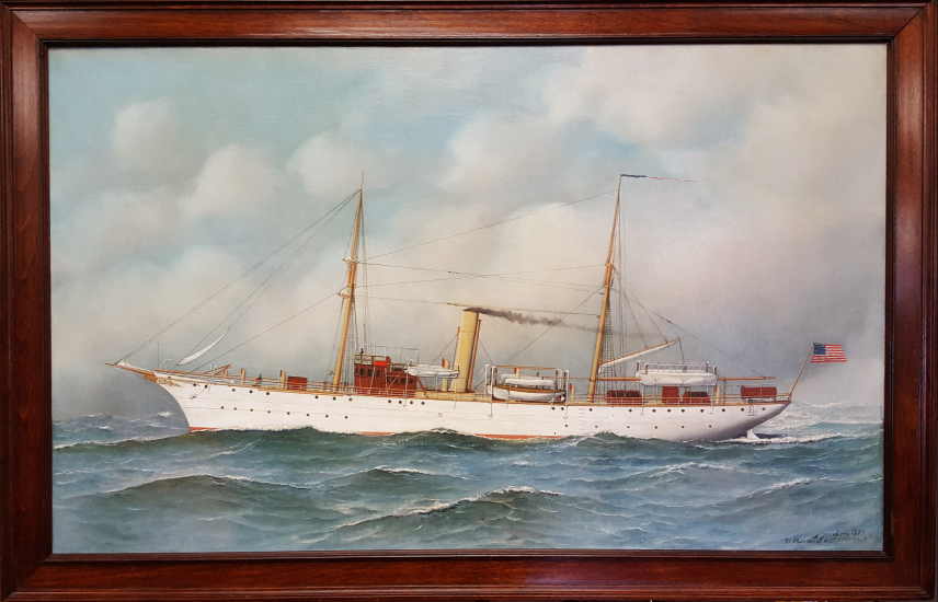 A painting of the U.S. Coast and Geodetic Survey ship Pathfinder on the water, framed in dark wood.