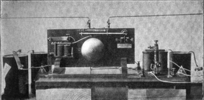 A black and white photo of Popov’s coherer receiver, which he used to detect lightning.