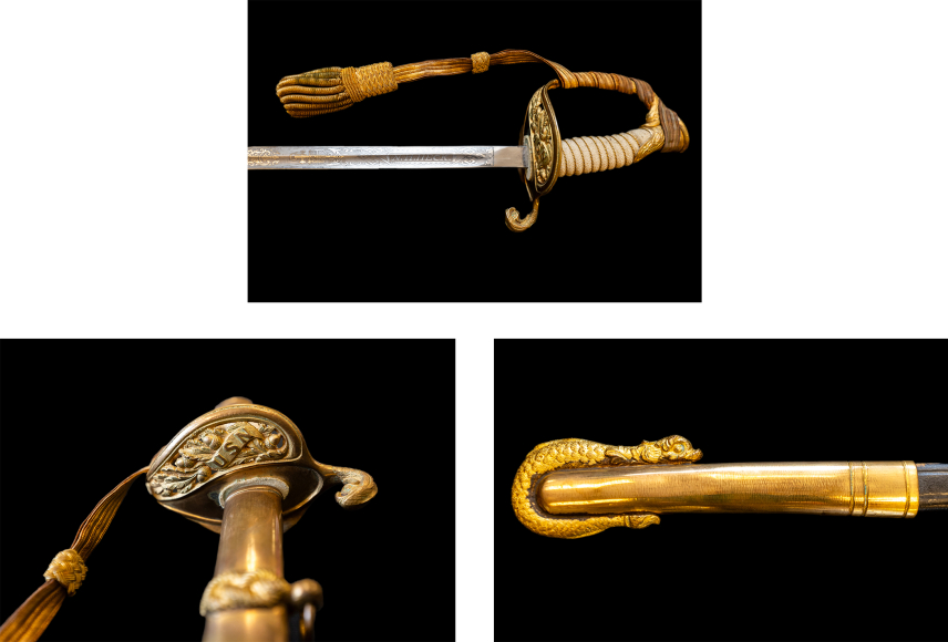 Three photos of details on Nicholas H. Heck's ceremonial sword. Photo 1: The blade with his name inscribed near the hilt. Photo 2: The sword hilt, showing the letters "USN". Photo 3: The end of the scabbard with a small fish curved around it.
