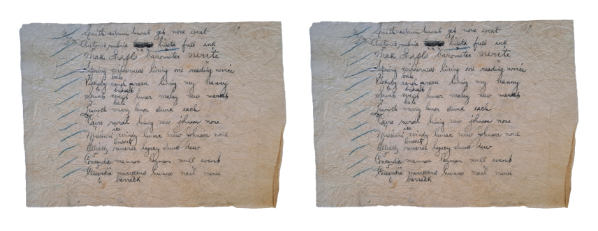 Photos of the two code sheets found in the hidden pocket of an 1880s silk bustle dress. The codes are handwritten in a list and there are slash marks to the left of each line.