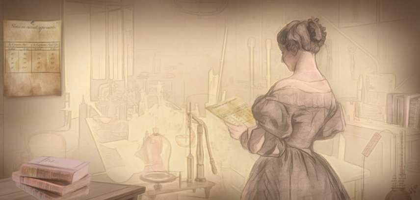 An artist's rendering of Eunice Foote, done in sepia tones. She stands facing away from us, reading a paper that she holds in her hands.