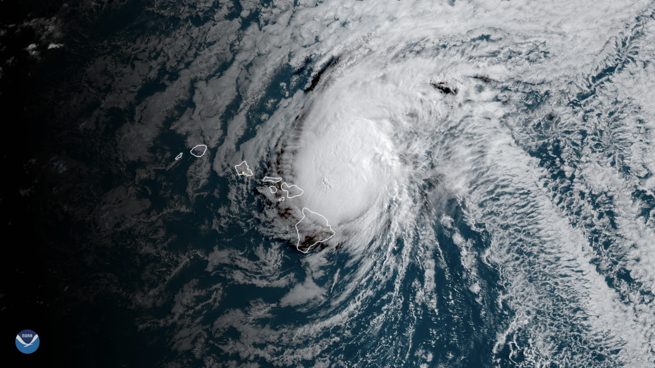 A satellite image of Hurricane Douglas on July 26, 2020, as it passed over Hawaii.
