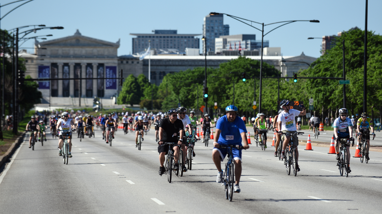 Cyclists bike down Lake Shore Drive in Chicago at an event to help improve conditions for walking, biking and mass transit. 