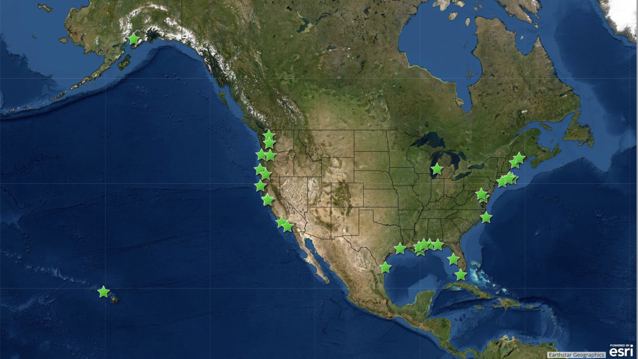 map depicting locations of restoration projects across the USA