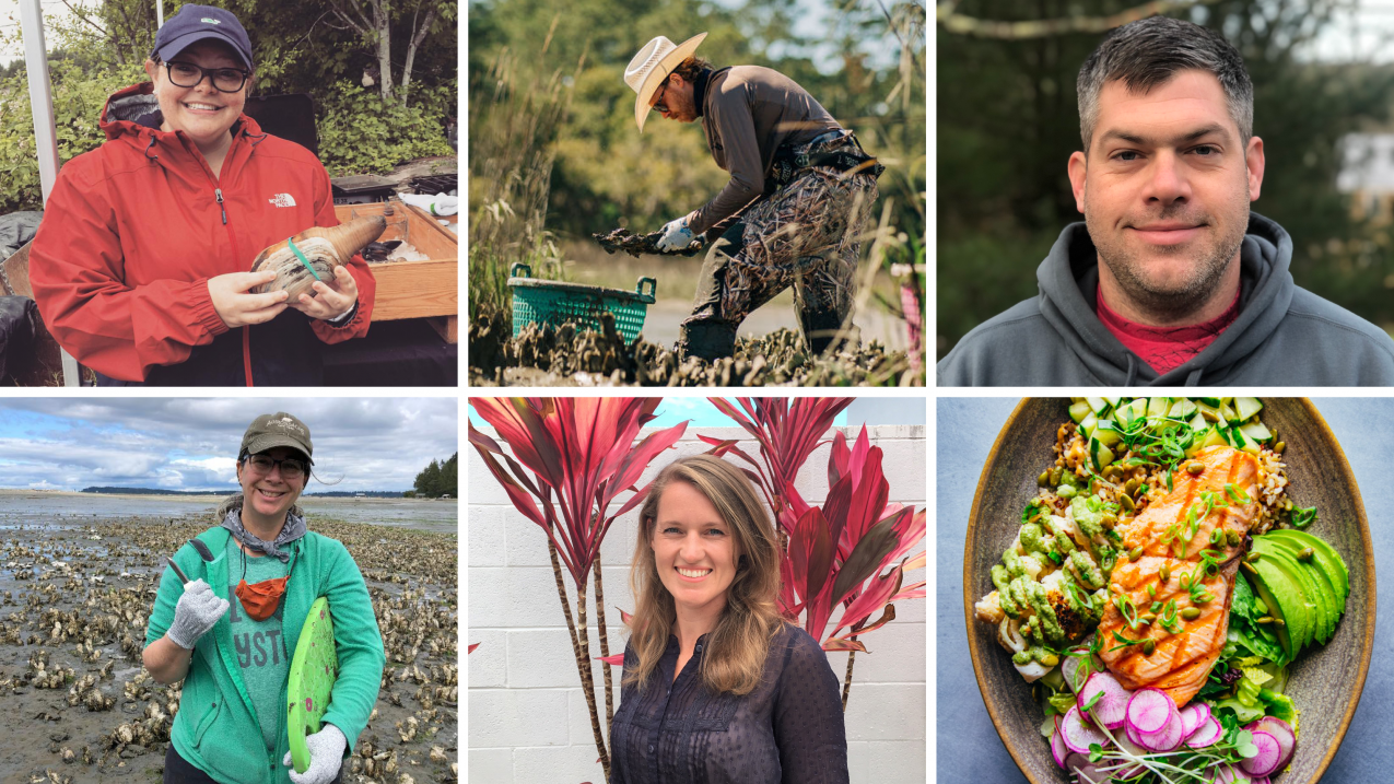 Clockwise from top left: Cindy Sandoval, Call Nichols, Dan Ward, seafood meal by Jennifer Bushman, Tori Spence McConnell, and Melissa Poe. 