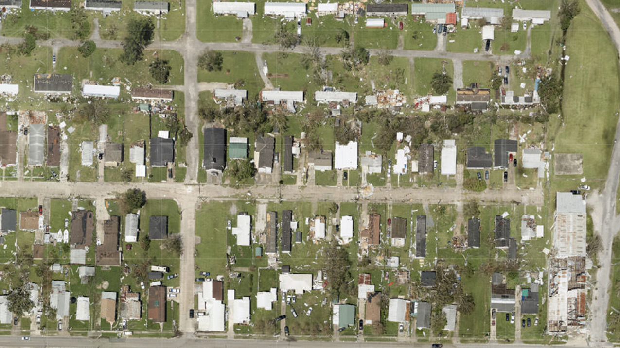 NOAA National Geodetic Survey emergency response imagery shows damage to buildings and homes in Houma, Louisiana, following Hurricane Ida. 
