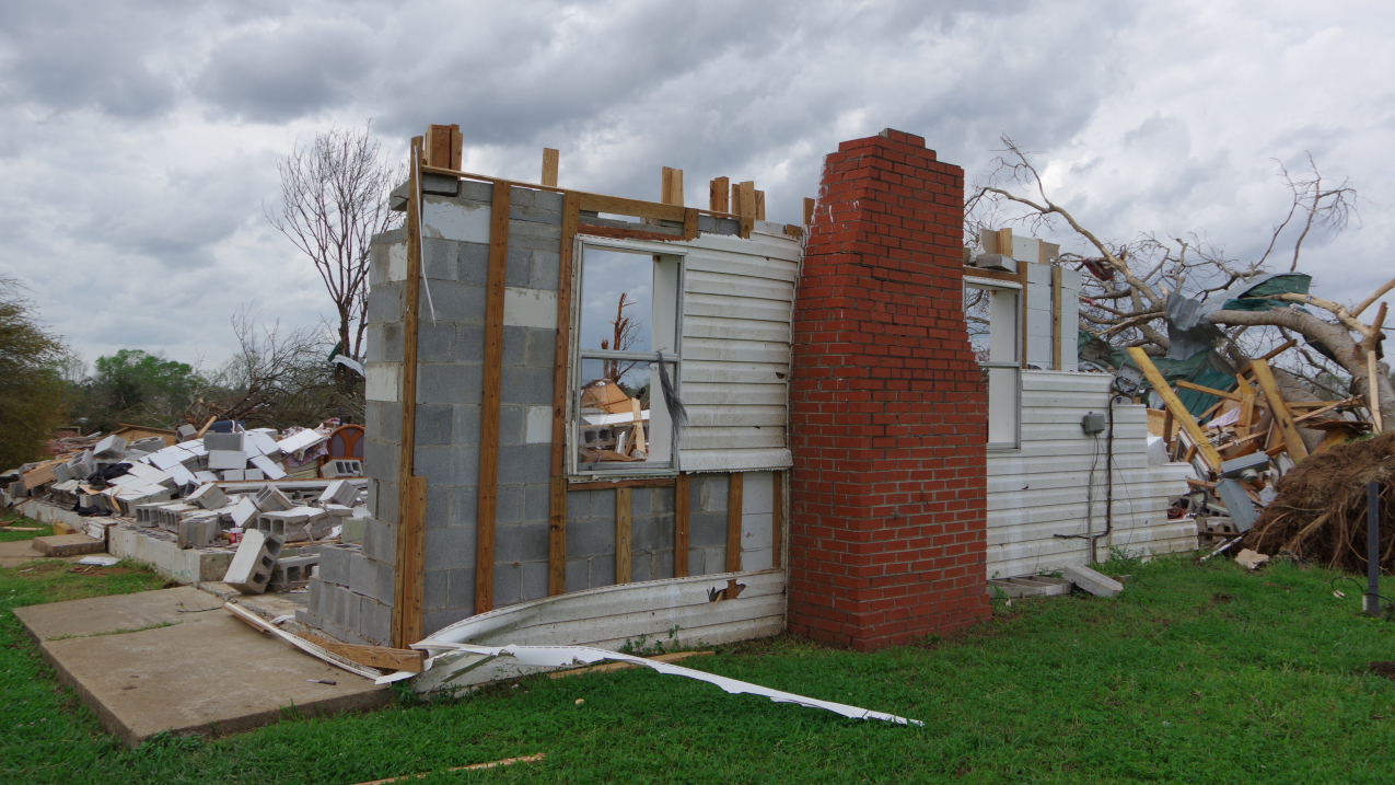The March 2021 outbreak of tornadoes damaged this home in Sawyerville, Alabama. NOAA and its cooperative institute at the University of Oklahoma are using uncrewed systems and other tools to improve tornado damage assessments and better understand tornado wind impacts. 