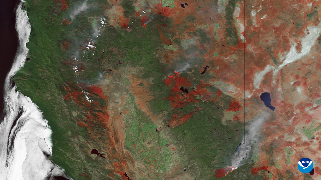 An image of the smoke plumes, burn scars and hotspots from wildfires across Northern California as seen from the NOAA-20 satellite on August 24, 2021.