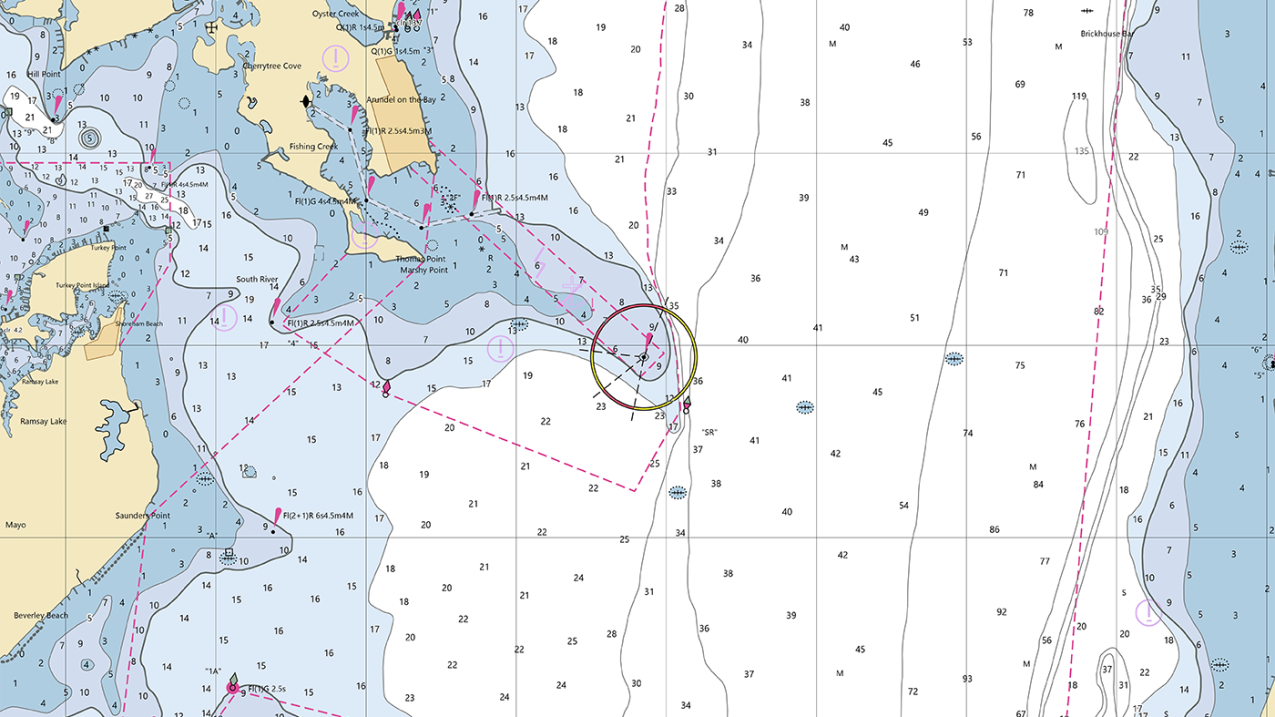 An image of a nautical chart showing a portion of the western Chesapeake Bay shore near Thomas Point and Annapolis, Maryland.