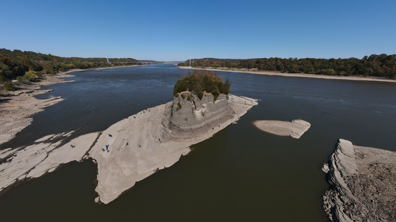 Aerial photo from October 2022 of low river levels around Tower Rock on the Mississippi River at Grand Tower, Ill.