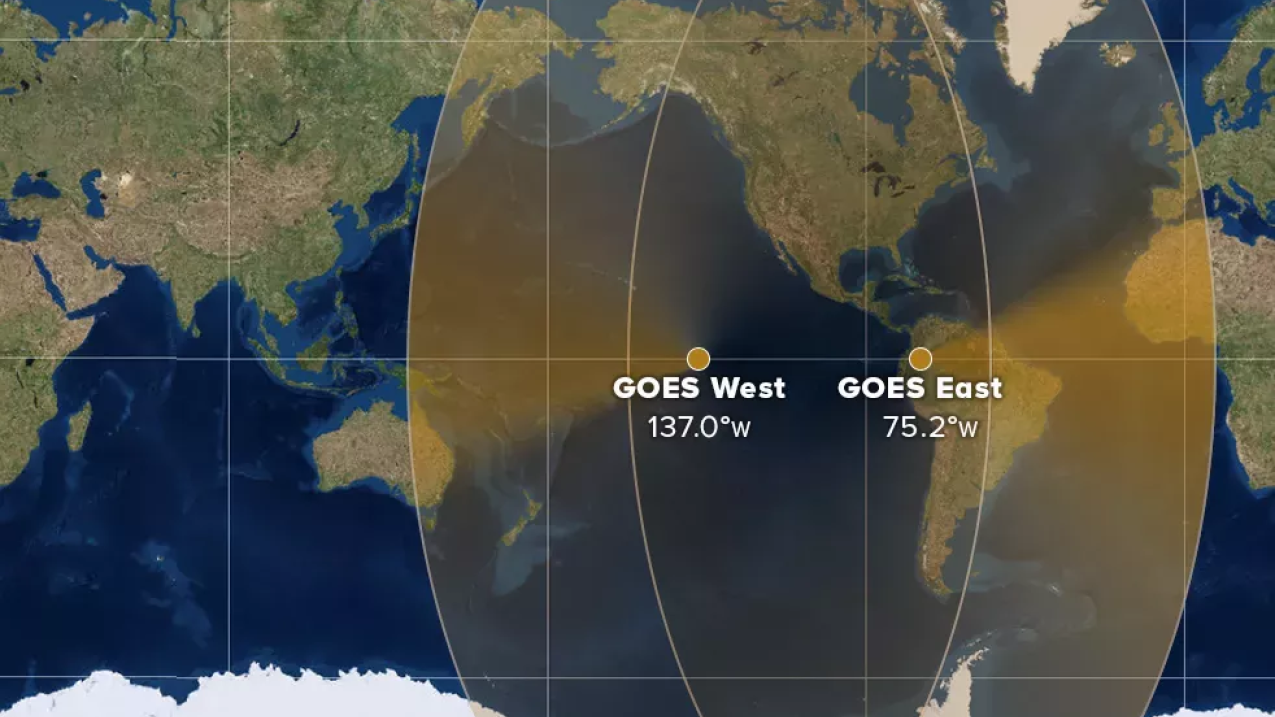 Map showing the geographical coverage of the GOES East and West satellites. (NOAA)