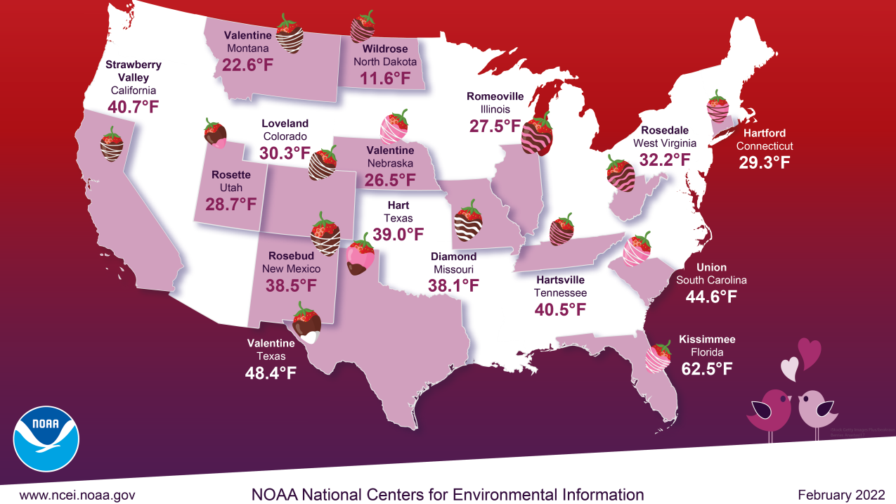 A map of the United States with Valentine's Day average temperatures listed for locations including Strawberry Valley, California (40.7 degrees F); Valentine, Montana (22.6 degrees F); Hartsville, Tennessee (40.5 degrees); Kissimmee, Florida (62.5 degrees F); and more. The map is decorated with graphics of festive chocolate covered strawberries. www.ncei.noaa.gov. February 2022. 