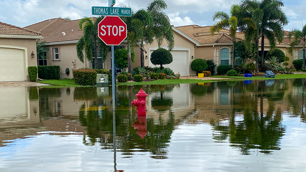 A photograph of a flooded neighborhood and stop sign.