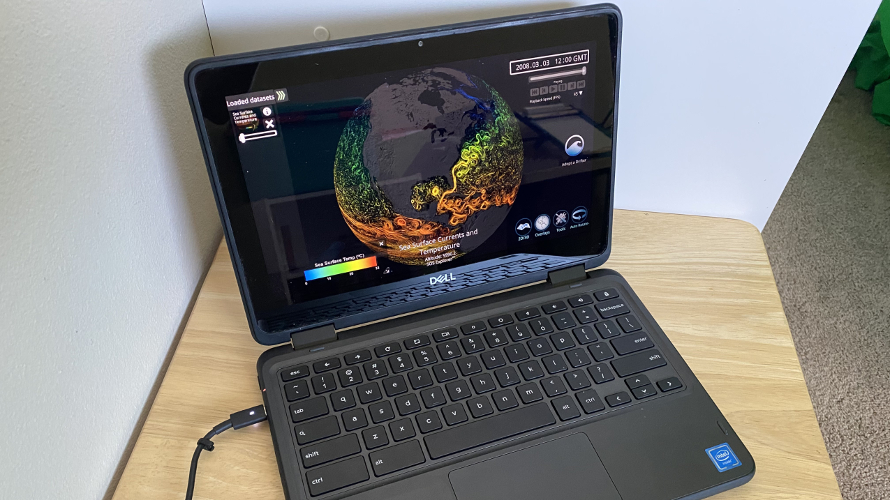 SOS Explorer displays Sea Surface Currents and Temperature dataset on a Dell Chromebook that is placed on a desk.