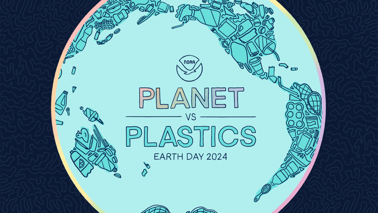 A doodled graphic of the Earth with plastic trash forming the land masses. The Earth has the text “Planet vs. Plastics Earth Day 2024” on it.