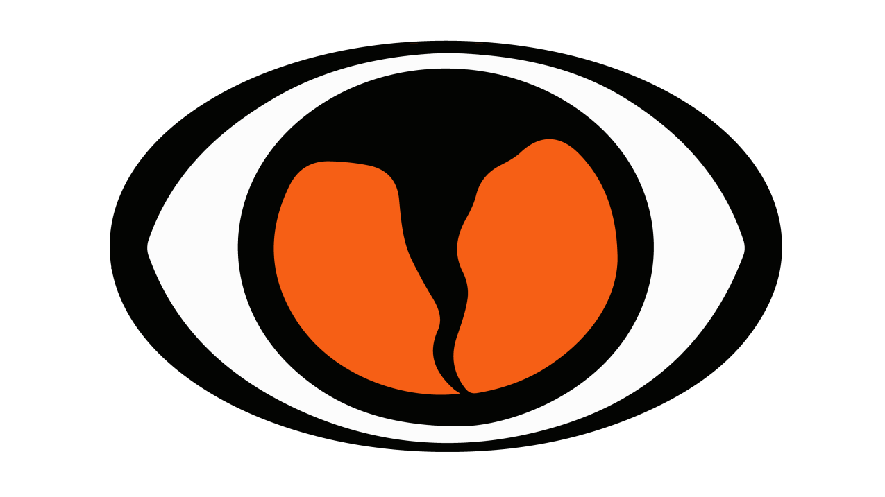 An orange and black graphic in the shape of an eyeball with a tornado-like funnel where the iris and pupil would be.