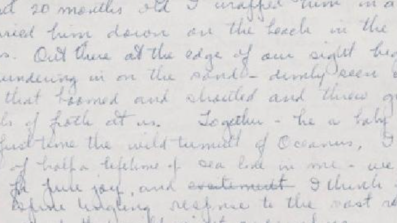 photo of a passage from a handwritten cursive manuscript from an early draft of Rachel Carson's The Sense of Wonder (1965)