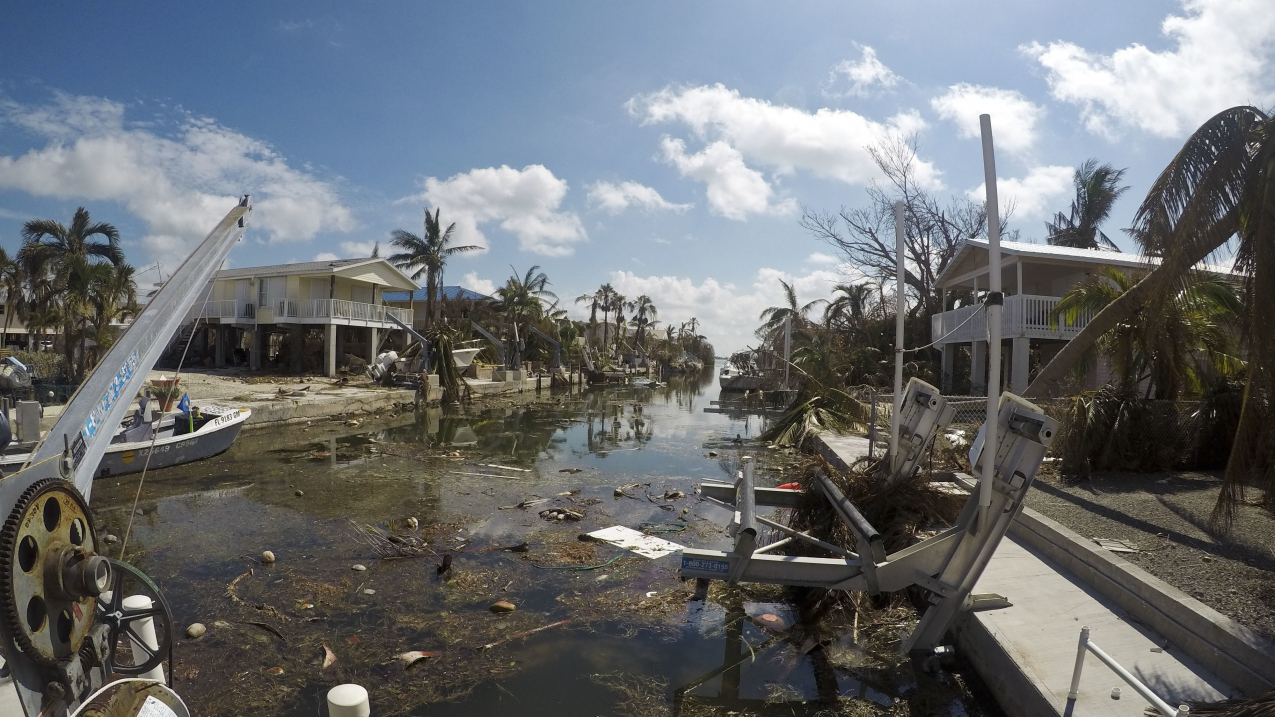 A debris-filled waterway in Key West, Florida shows the destructive power of Hurricane Irma's storm surge
