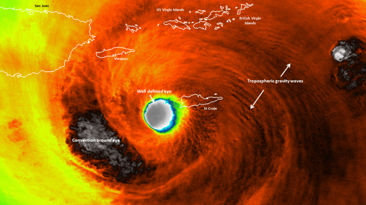 The Visible Infrared Imaging Radiometer Suite aboard the NOAA-NASA Suomi NPP satellite captured these colorized-infrared images of Hurricane Maria at approximately 2:15 am EDT on September 20, 2017, as it passed close to St. Croix. At the time, Maria was a category 5 storm with winds of 165 miles per hour.