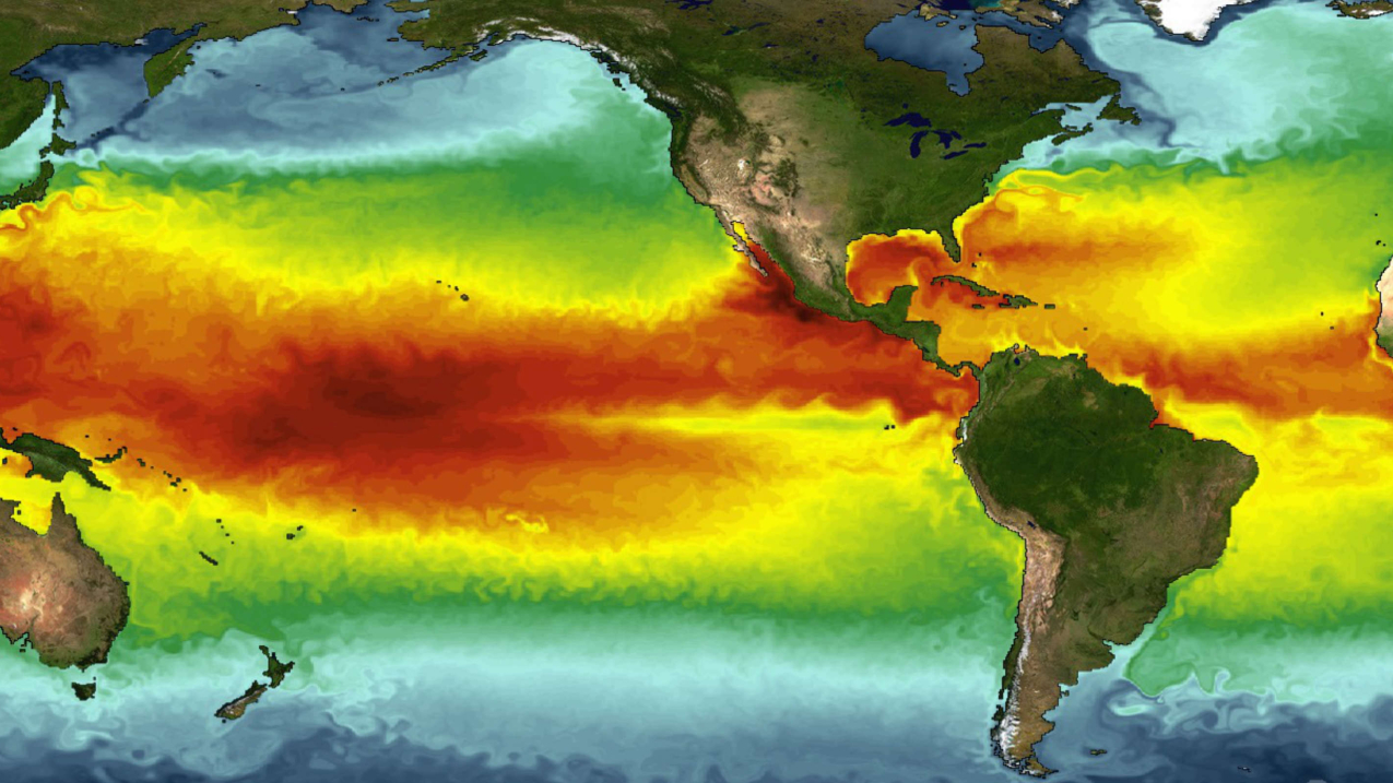 A simulation of sea-surface temperatures from the Geophysical Fluid Dynamics Laboratory. This model inspired the U.S. Postal Service to create a Forever international rate stamp, released on Earth Day in 2014.

