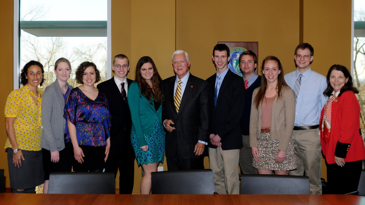 NOAA Hollings Scholars from the classes of 2011 and 2012 met with Senator Ernest F Hollings (center) at the University of South Carolina’s Hollings Library.