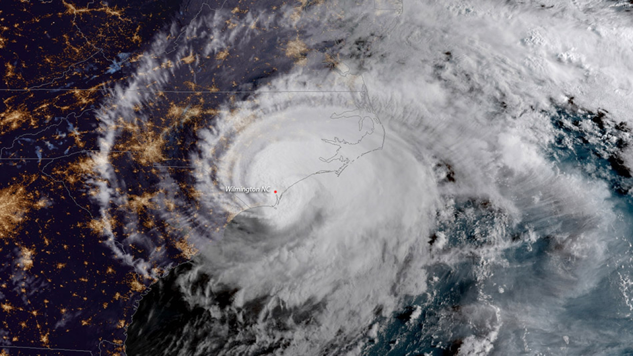 GOES-East satellite image of Hurricane Florence making landfall at Wrightsville Beach, North Carolina on Sept. 14, 2018.