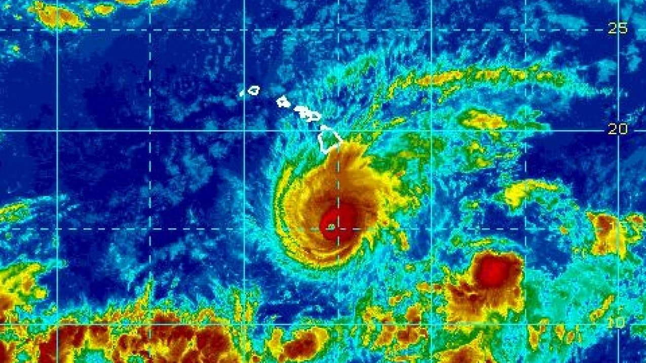 A NOAA satellite image of Hurricane Lane as it approached the Hawaiian Islands on August 22, 2018. The storm brought massive flooding and extreme rainfall to parts of Hawaii.