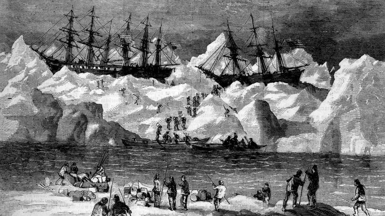 Abandonment of the whalers in the Arctic Ocean, September 1871, including the George, Gayhead, and Concordia. Scanned from the original Harper’s Weekly 1871.