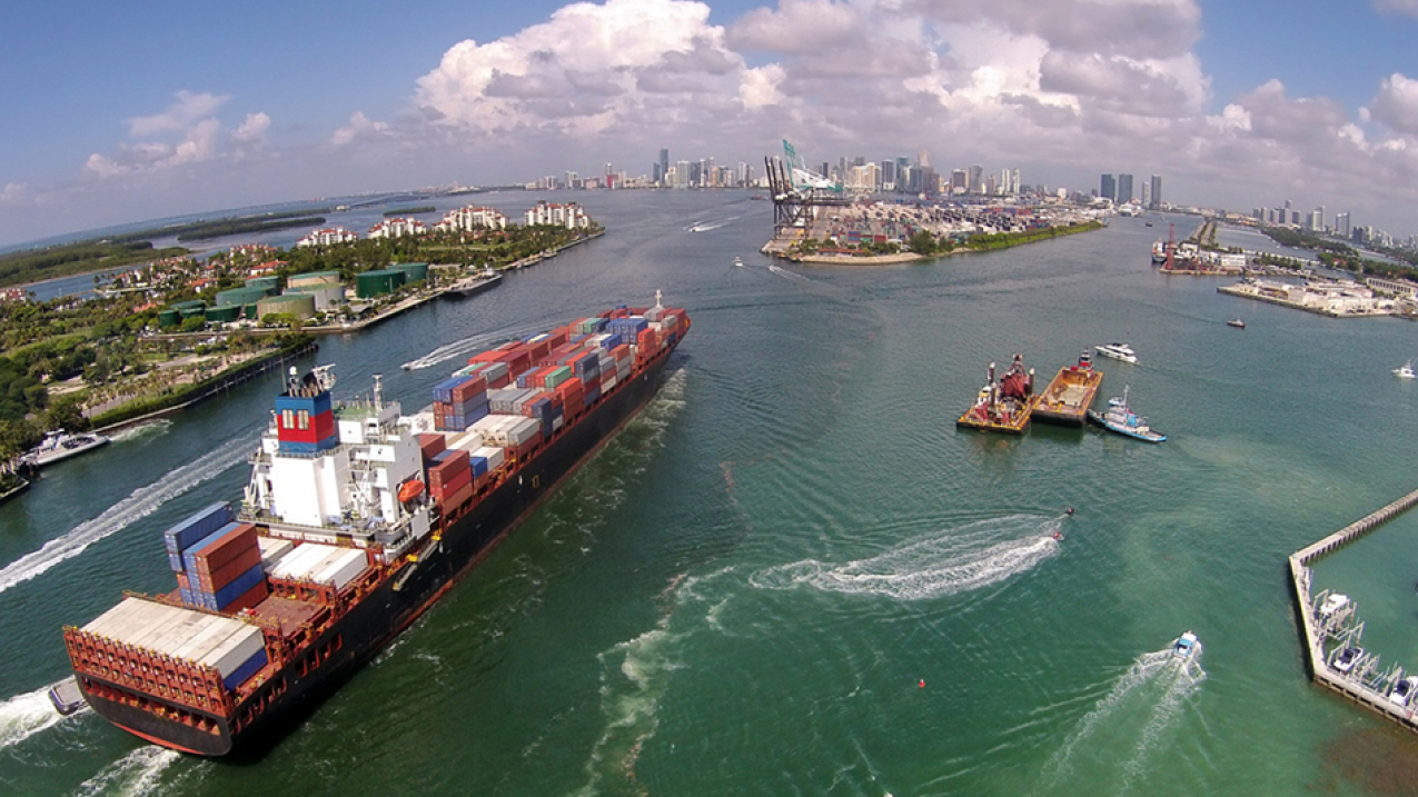 Cargo ship enters PortMiami. 