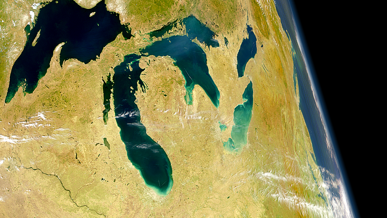SeaWiFS satellite captured this view of the Great Lakes, including the turbid waters of Lake Erie, in this recent overpass.