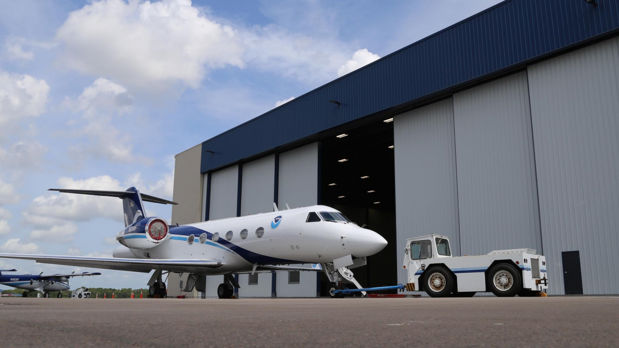 NOAA's Gulfstream IV-SP hurricane hunter jet at the new NOAA Aircraft Operations Center facility in Lakeland, Florida.