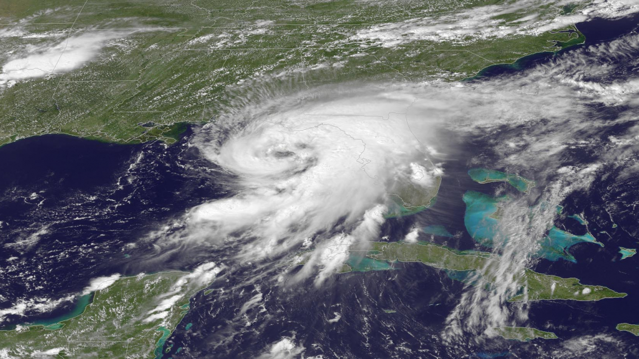 Hurricane Hermine approaching Florida's Gulf Coast, taken by NOAA's GOES East satellite at 1915 UTC on September 1, 2016.