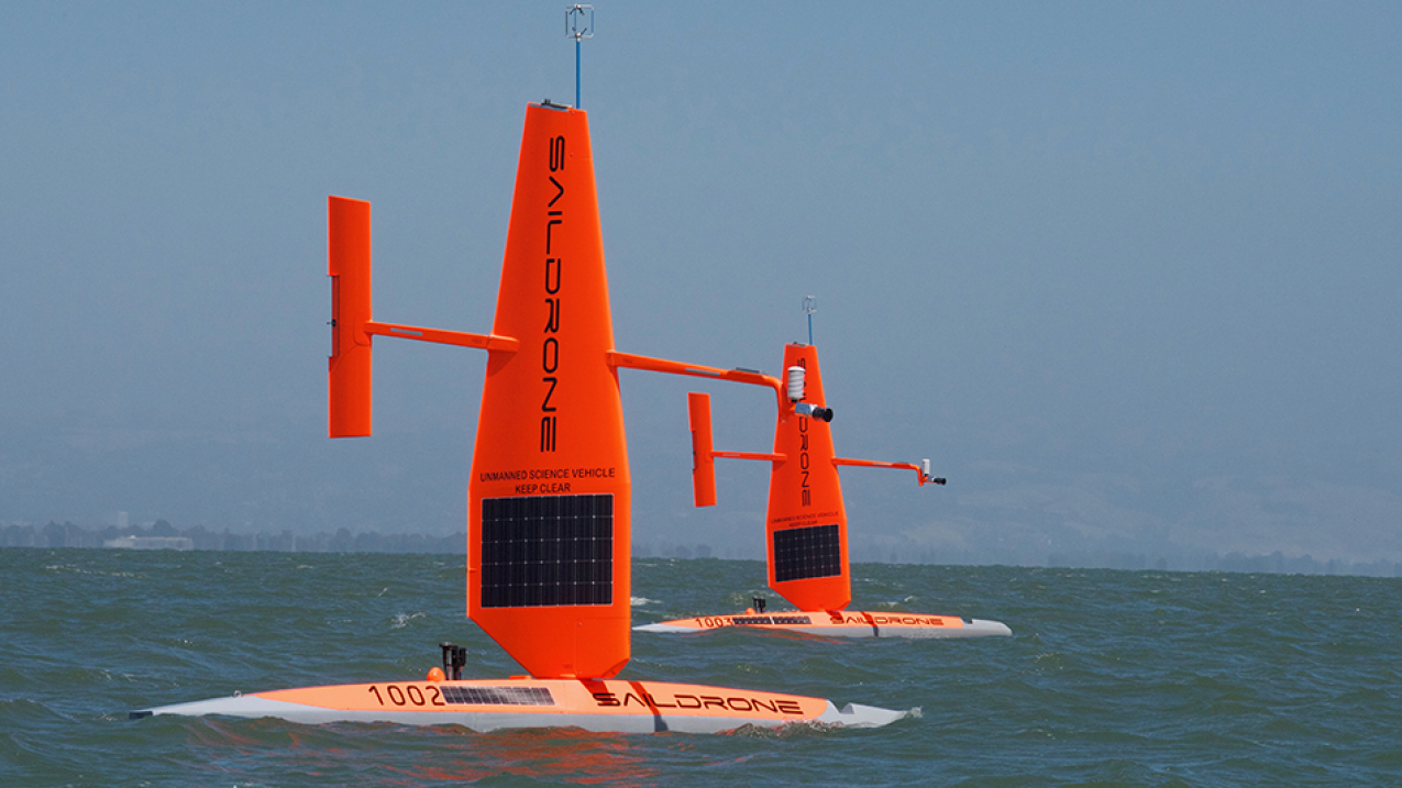 Driven by wind and solar power, two saildrones zip across San Francisco Bay. NOAA continues to expand its use of this unique unmanned sailing vehicle for weather, climate, ocean and fisheries research. 