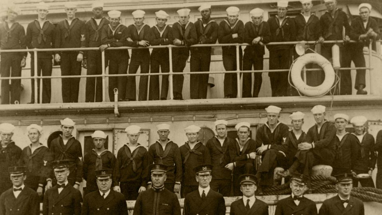 The officers and crew of USS Conestoga, in San Diego, California in 1921. Lost for 95 years, the tug was discovered in the Greater Farallones National Marine Sanctuary off San Francisco. 
