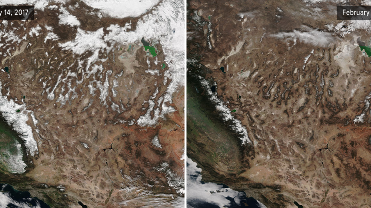 So far this year, snow levels across the Southwest — in particular the Sierra Nevada mountains and Southern Rockies — have been below average and much lower than those seen in 2017. The Northern Rockies, however, experienced a cold and wet February and winter, which led to record-high mountain snowpack in some areas. (Images from the Suomi NPP satellite via NOAA Satellite and Information Service.)