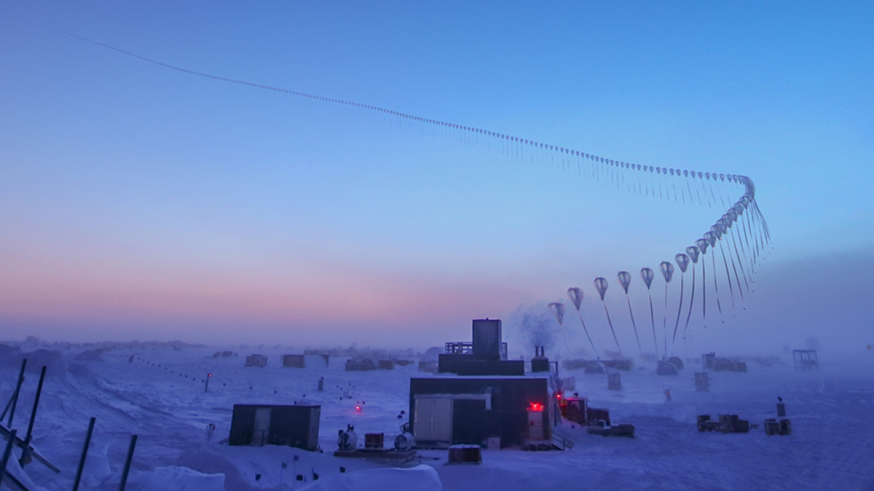 This time-lapse photo shows the path of an ozonesonde as it rises into the atmosphere in the South Pole. Scientists release these balloon-borne sensors to measure the thickness of the ozone layer. 