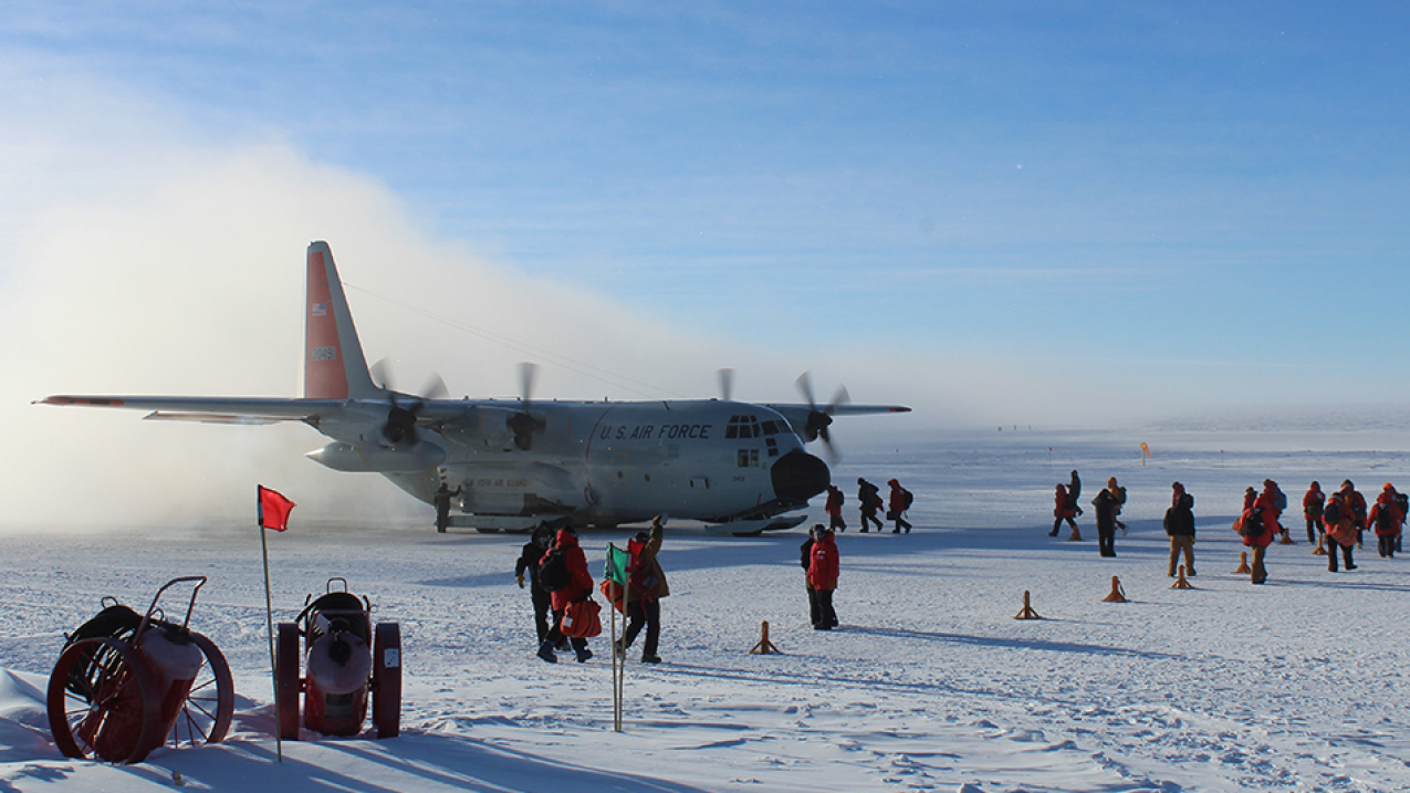 Scientists and staff board the last scheduled flight from the South Pole for nine months. Photo taken February 15, 2017.