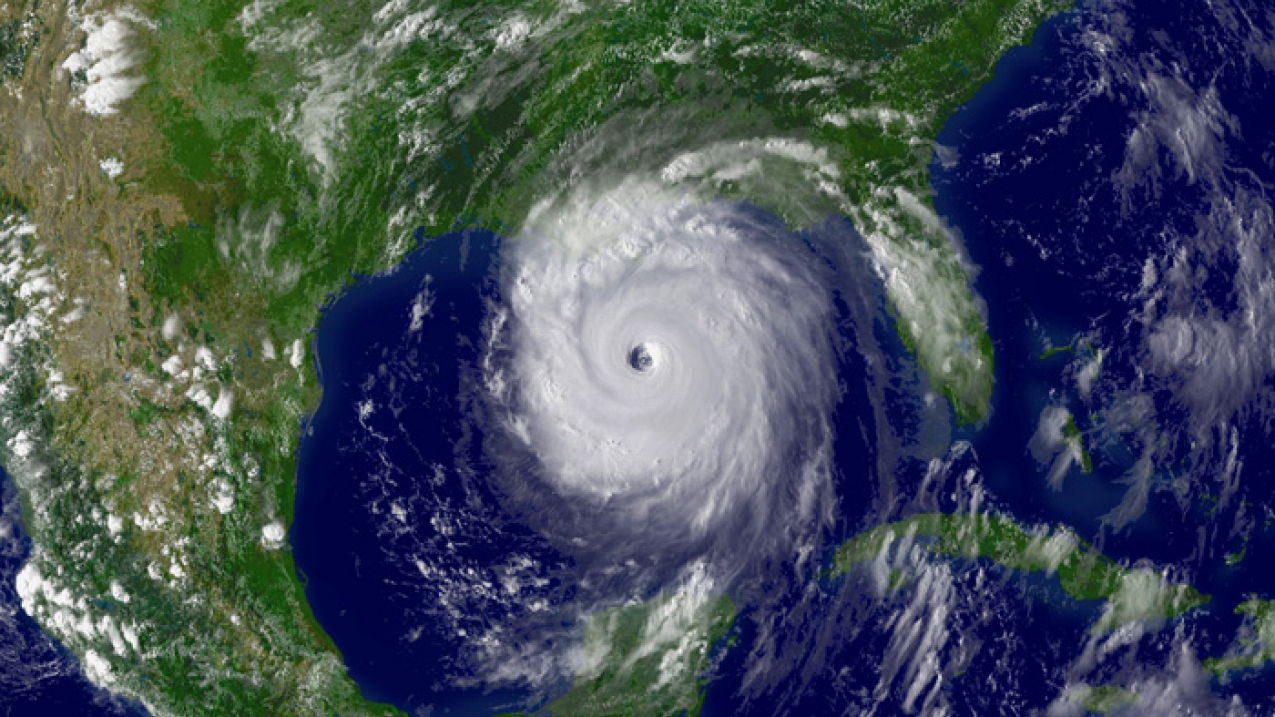 NOAA satellite image for larger view of Hurricane Katrina taken Aug. 28, 2005, as the storm’s outer bands lashed the Gulf Coast of the United States a day before making landfall.