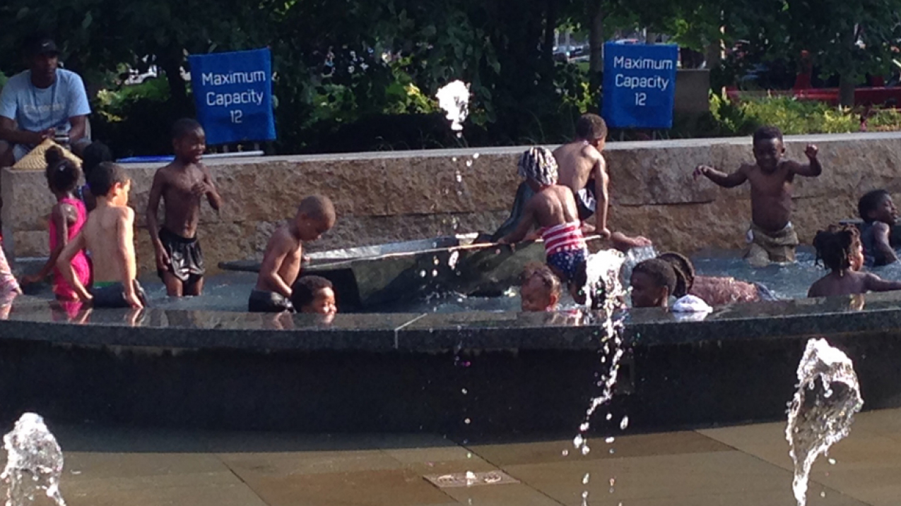 Kids playing in a fountain at Citygarden, an urban park and sculpture garden in St. Louis, Missouri on June 22, 2016 -- it did happen to be nearly 100 degrees that day!