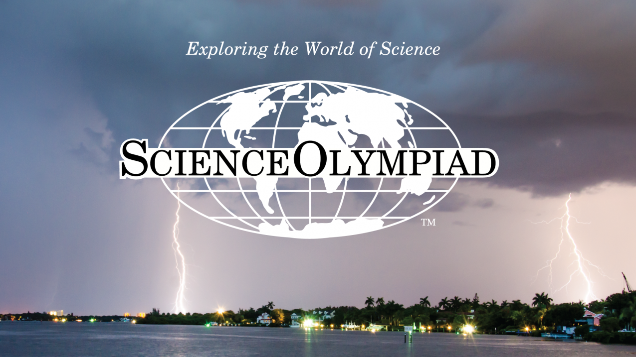 The Science Olympiad logo on top of a thunderstorm cityscape.