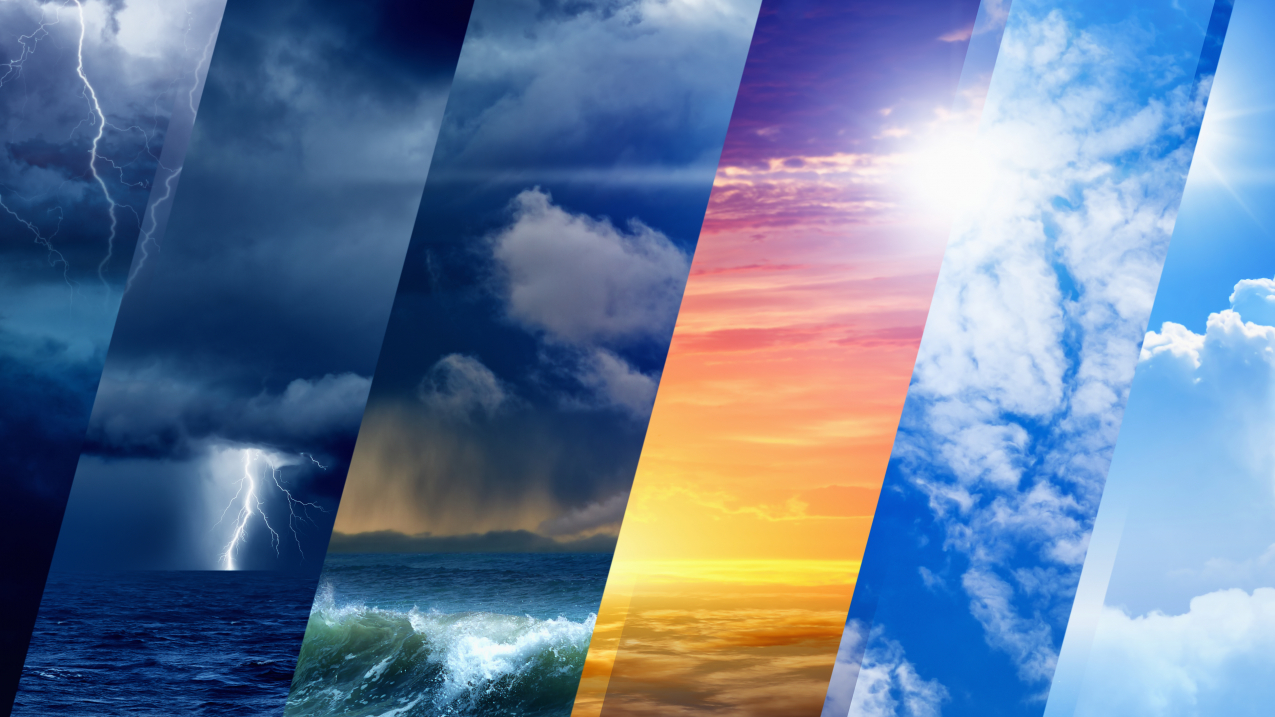 A collage of weather systems including thunderstorms, rain, heat waves, and fair weather.