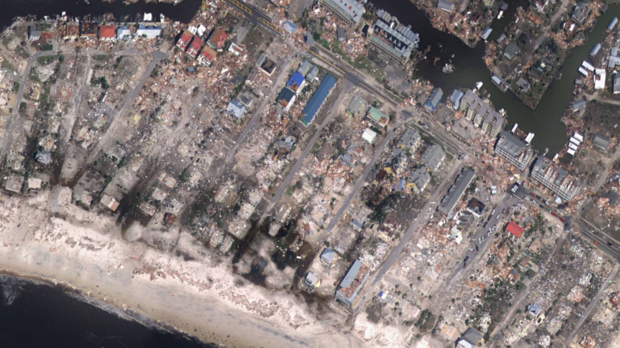 This aerial image shows extensive damage along the coast in Mexico Beach, Florida, caused by Hurricane Michael. NOAA's National Geodetic Survey began collecting damage assessment imagery in the aftermath of the storm October 11, 2018.
