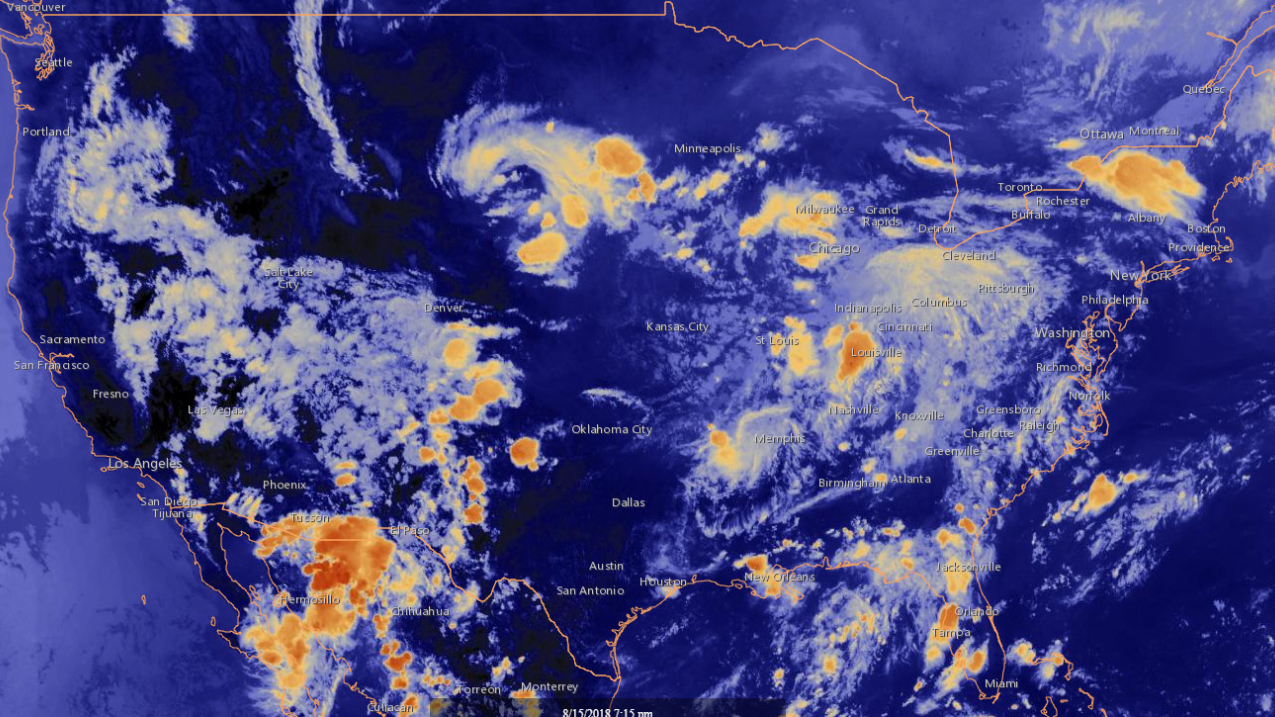 A screenshot of GOES East Infrared Satellite Image - Latest 24 Hours Western Hemisphere over North America from 8/16/18.