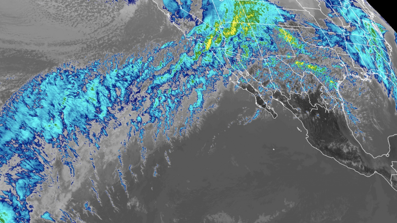 An atmospheric river drenched California with heavy rain and mountain snow the week of February 10, 2019, triggering flash floods, mudslides and winter storm warnings in the Sierra Nevada. This "conveyor belt" of clouds and moisture stretching across the Pacific Ocean easily stands out in this Feb. 14, 2019, infrared image from NOAA's newly operational GOES West (GOES-17) satellite. 