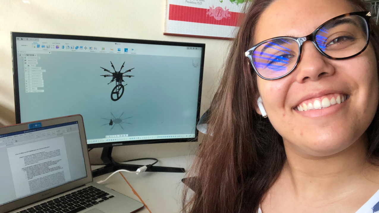 EPP/MSI scholar Adriana Muñoz refers to her 2020 summer internship as an exciting roller coaster that she completed from the comfort of a corner in her room. Here, she shows a diagram of a drone that she developed a lightweight winch for during her internship.