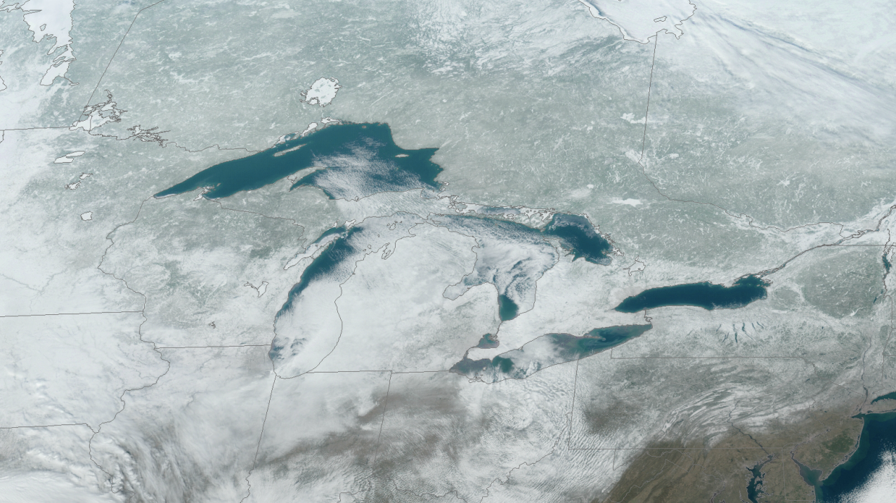 An image from space of the Great Lakes from NOAA’s GOES-16 satellite on January 20, 2020. What's missing from the Great Lakes in this image? Ice. Looking through the cloud cover you can see that ice coverage of the Lakes was well below what is expected for this time of the year. (2020 image).