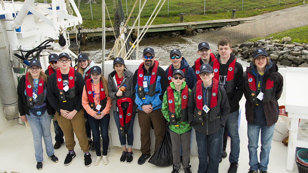Teacher at Sea Alumnus Spencer Cody (NOAA Ship Pisces, 2014) and his students, visiting from South Dakota, get ready for a day trip on the Southeast Fisheries Science Center's R/V Caretta out of Pascagoula, Mississippi, in 2019.